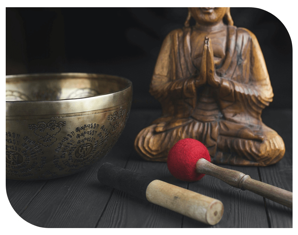 Tools for meditation - Tibetan singing bowl, sticks, statue of Buddha. - With design element